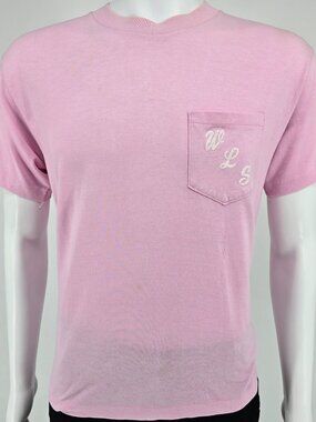 Vintage 1980s Heft-T by Tee Jays "WLS" Flocked Letter Pink Pocket T-Shirt (M/L)
